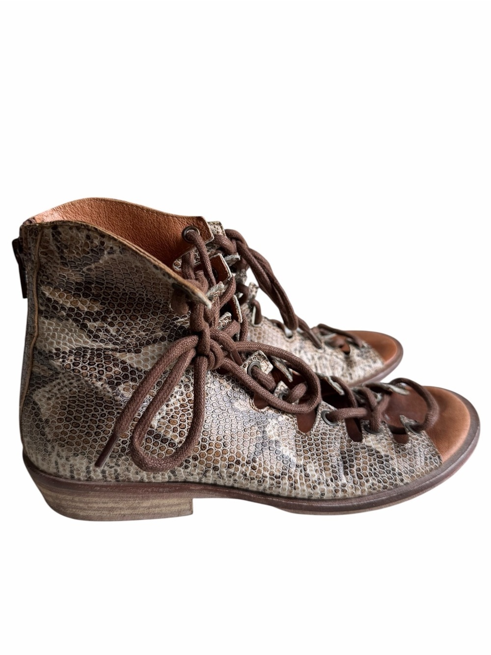 Free People Palms Lace Up Boot Sandals Brown Snake Print Back Zip US 7 gladiator